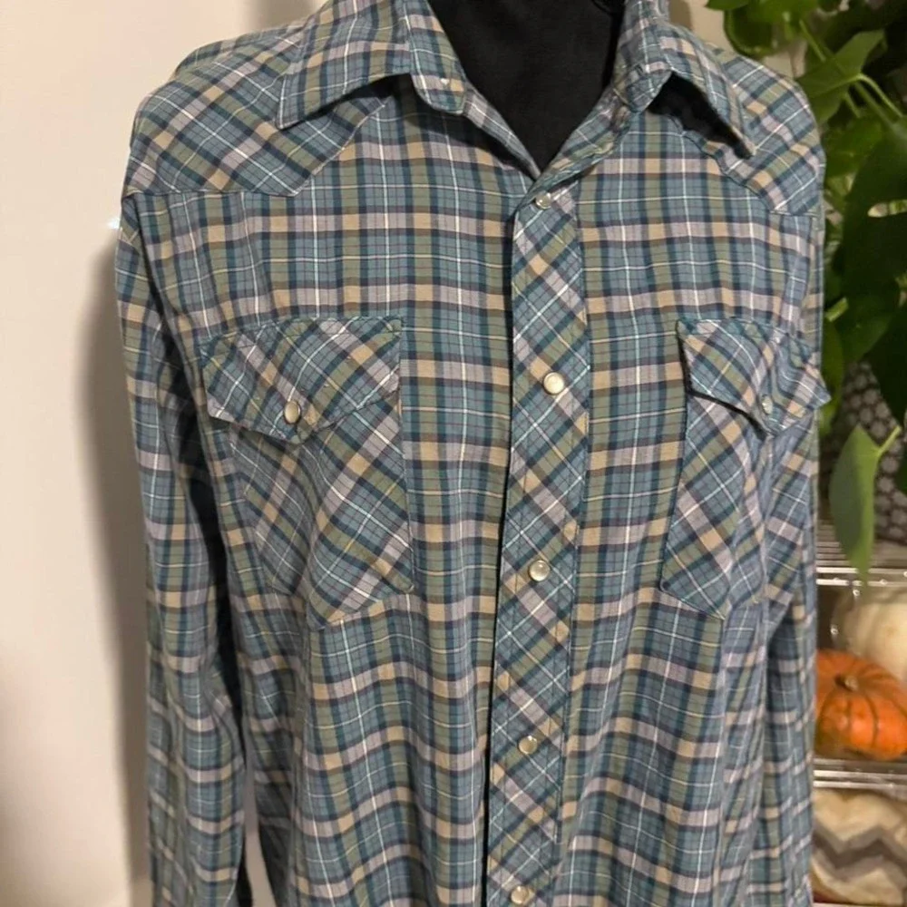 Vintage Wrangler Plaid‎ Western Snap Shirt – Blue/Green – L - Picture 2 of 4